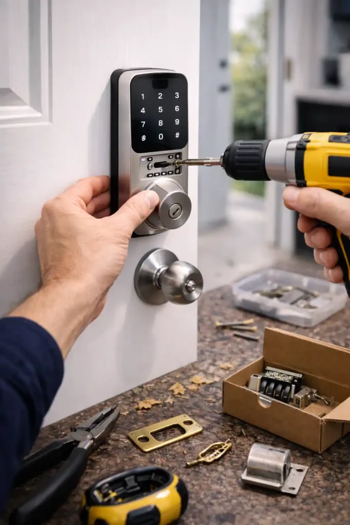 Digital smart lock installation on home door in Bengaluru